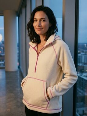 Bass Outdoor BNWT 1/2 Zip Cream Fleece Hoodie With Pink Trim